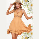 La Miel sleeveless summer dress in orange with lace top and ruffled hem for a stylish look