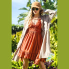 La Miel sleeveless summer dress in rust with ruffled hem for a stylish summer look