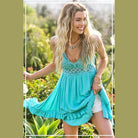 La Miel Sleeveless Summer Dress in Turquoise with Lace Detail and Flowing Skirt for Casual Wear
