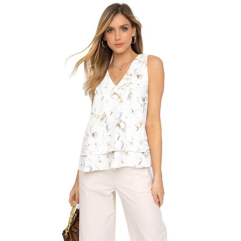 Sleeveless V-Neck Layered Bottom Abstract Top - VacationGrabs