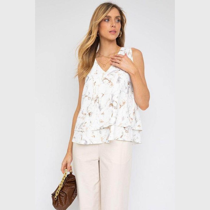 Sleeveless V-Neck Layered Bottom Abstract Top - VacationGrabs
