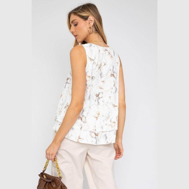 Sleeveless V-Neck Layered Bottom Abstract Top - VacationGrabs