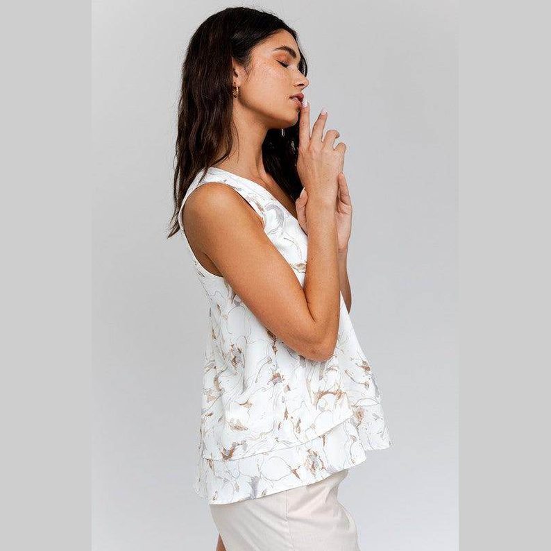 Sleeveless V-Neck Layered Bottom Abstract Top - VacationGrabs