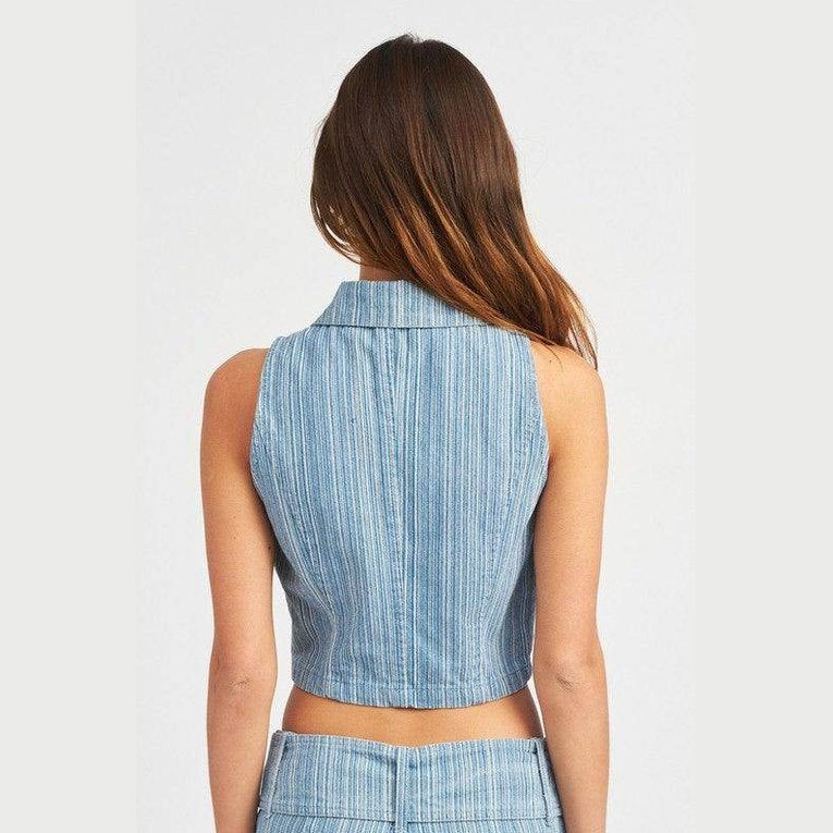 Emory Park sleeveless zip shirt in light blue denim with a stylish cropped design