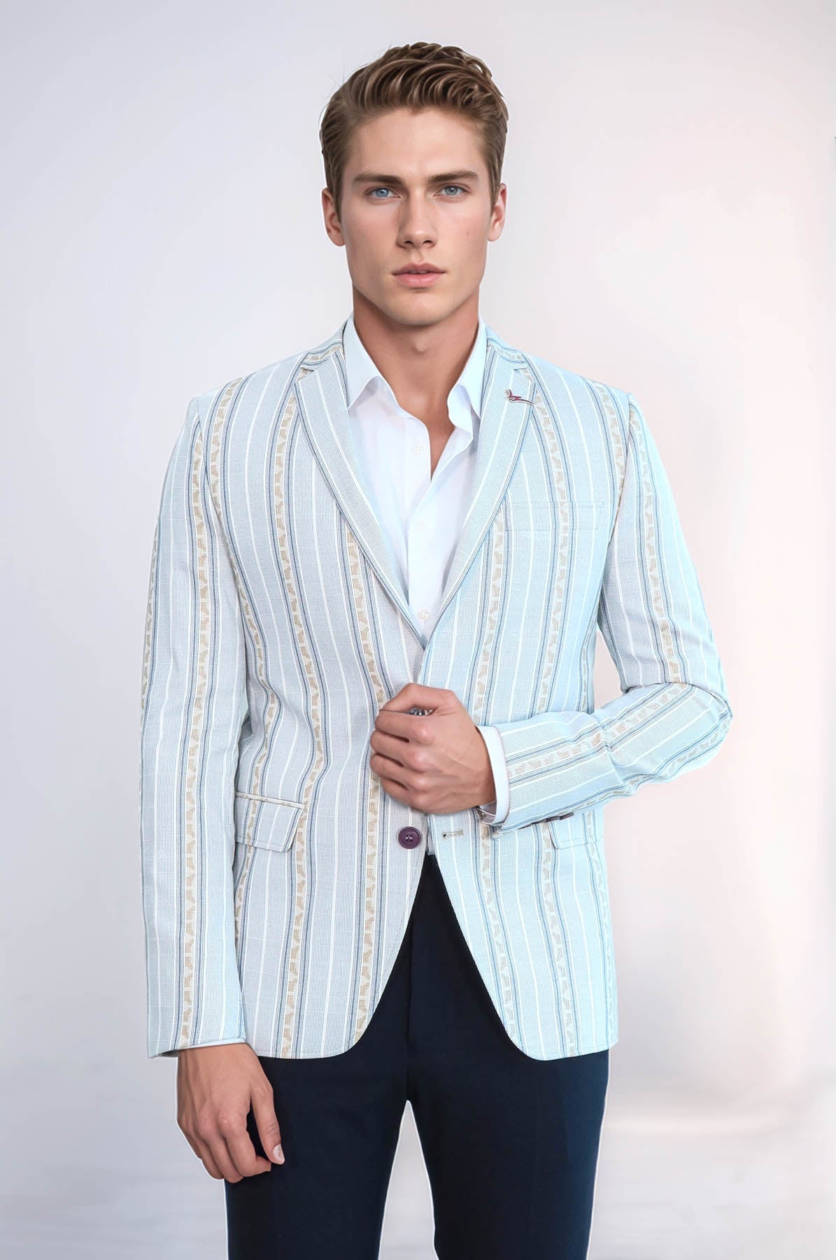 Slim Fit Striped Blue Men Blazer by Wessi – styled view