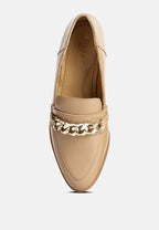 Women's beige slip-on leather loafers with chain detail