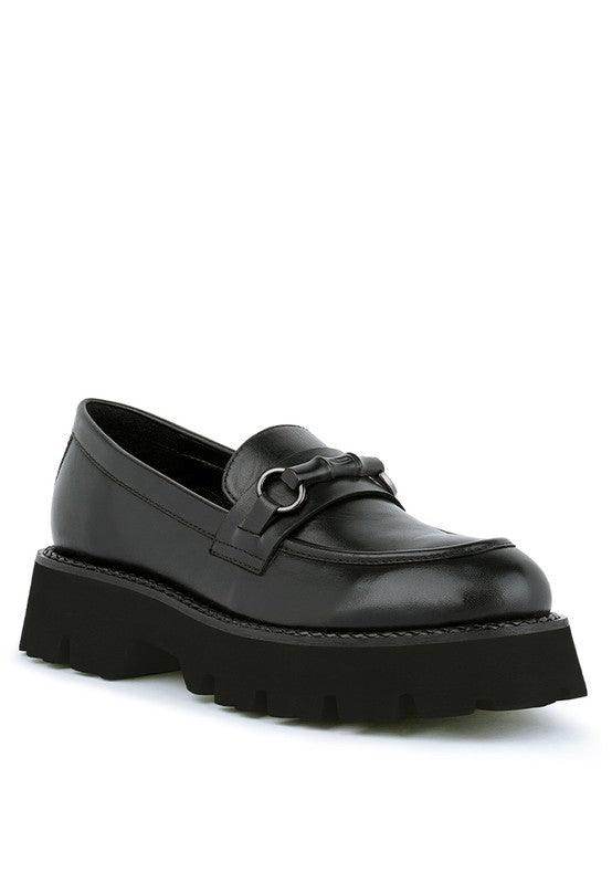 Rag Company women's black slip-on leather loafers for casual wear