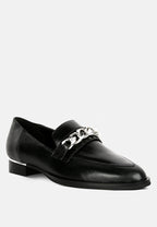 women's black slip-on leather loafers with chain detail