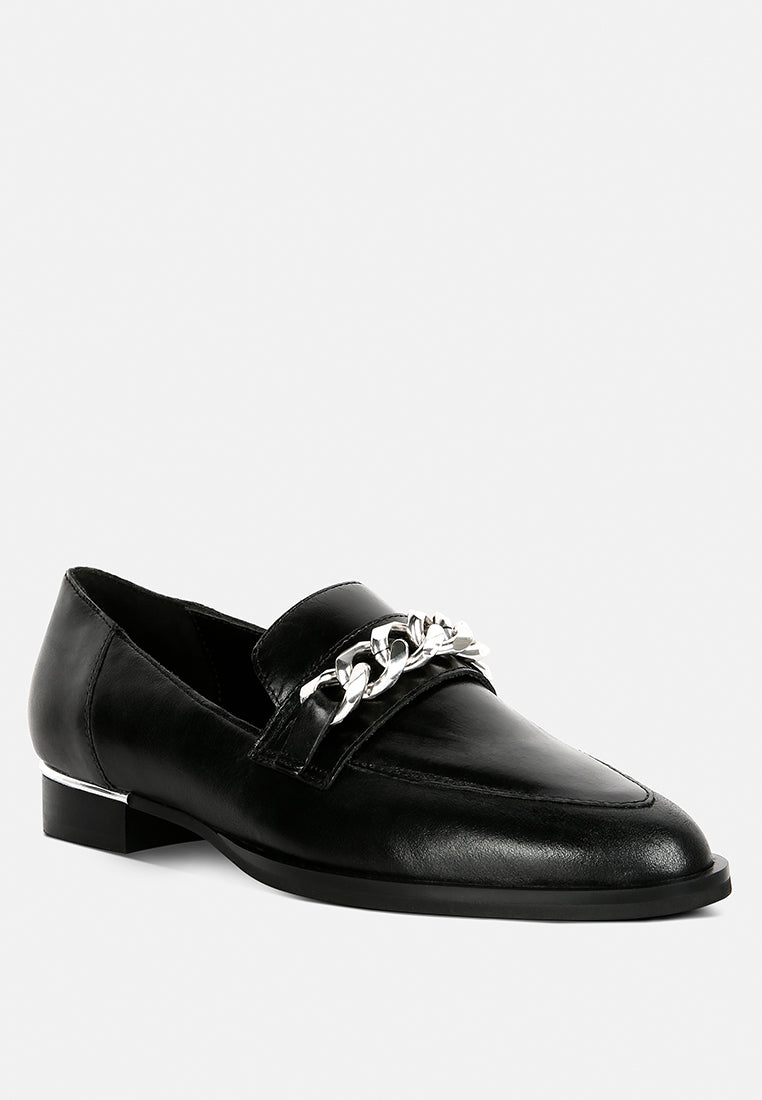 women's black slip-on leather loafers with chain detail