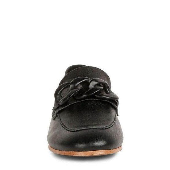 women's black slip-on leather loafers with stylish chain detail