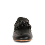 women's black slip-on leather loafers with stylish chain detail