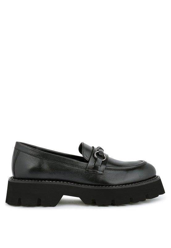 Women's black slip-on leather loafers for casual outings