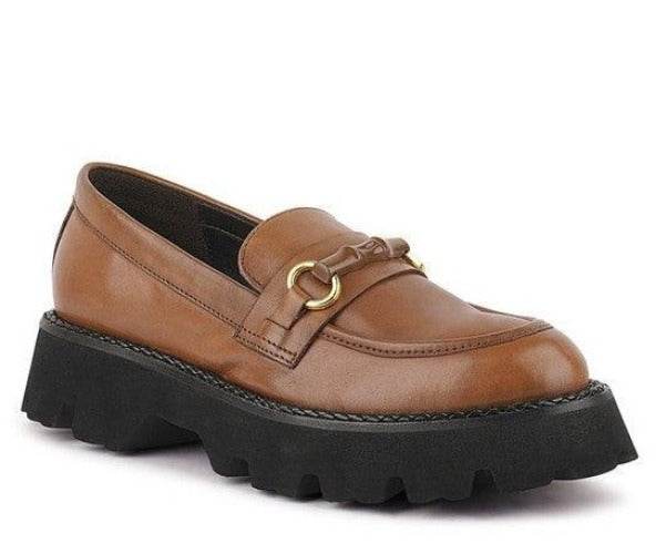 Women's brown slip-on leather loafers for casual wear