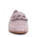 Women's lavender slip-on leather loafers with stylish chain detail