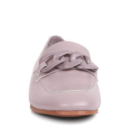 Women's lavender slip-on leather loafers with stylish chain detail