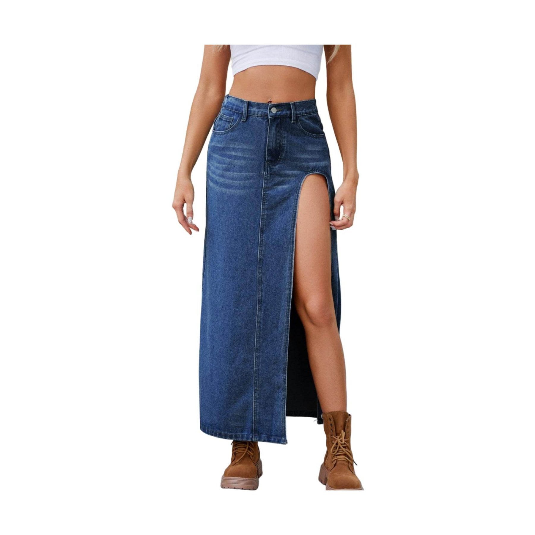 Slit Buttoned Denim Skirt with Pockets - VacationGrabs
