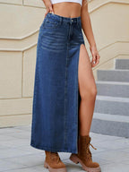 Slit Buttoned Denim Skirt with Pockets - VacationGrabs
