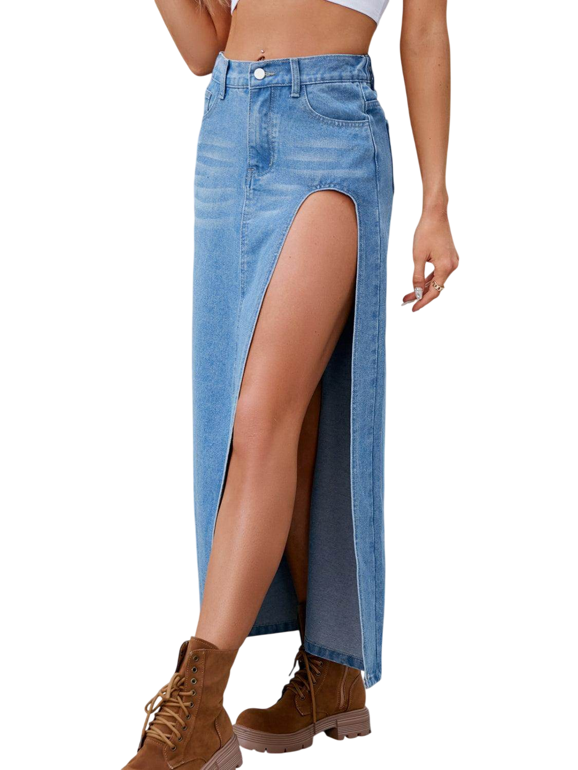 Slit Buttoned Denim Skirt with Pockets