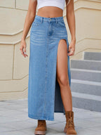 Slit Buttoned Denim Skirt with Pockets - VacationGrabs