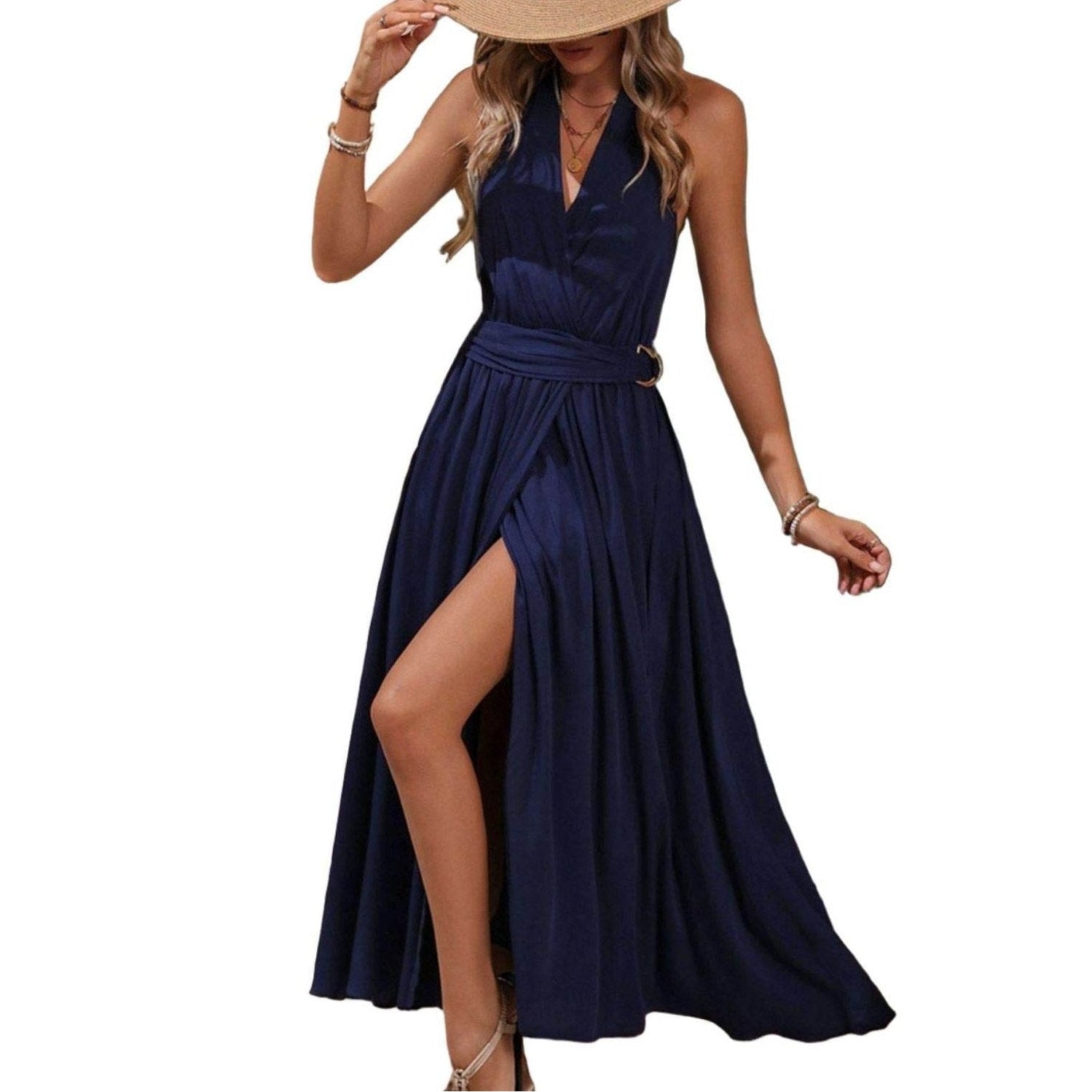 Slit Halter Neck Dress - VacationGrabs