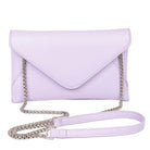 Lavender envelope style handbag with chain strap, ideal for outings, not a small black evening clutch bag