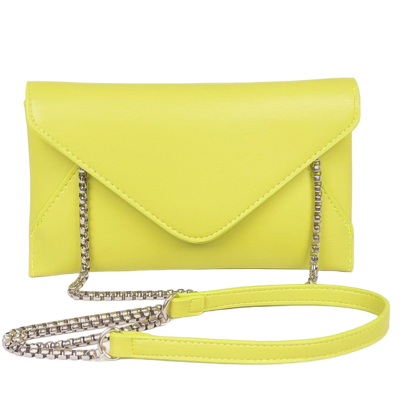 Vibrant yellow envelope-style clutch bag with a chain strap, perfect for pairing with your small black evening clutch bag