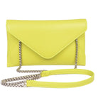 Vibrant yellow envelope-style clutch bag with a chain strap, perfect for pairing with your small black evening clutch bag