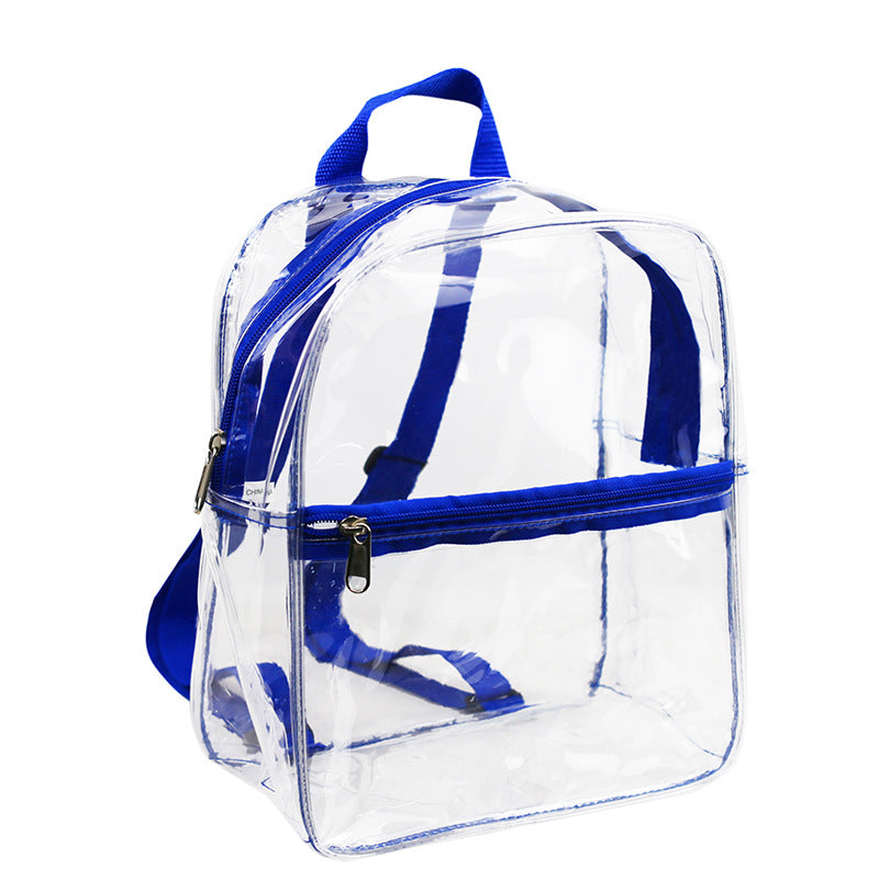 Small transparent backpack for kids in blue with adjustable straps and zippered pocket