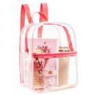 Clear small transparent backpack for kids with pink straps featuring art supplies and a perfume bottle