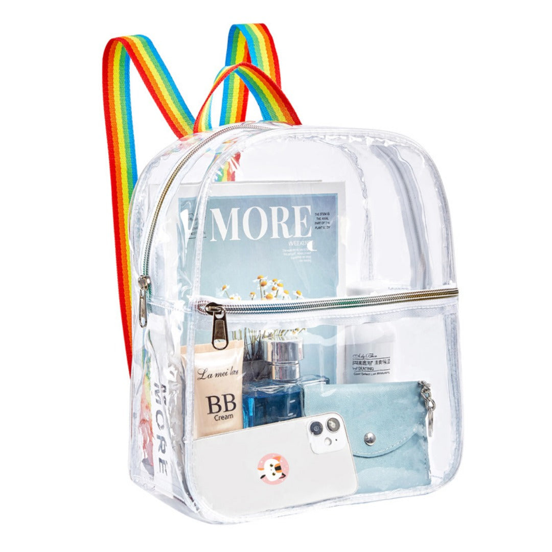 Colorful small transparent backpack for kids with various items inside including books and cosmetics