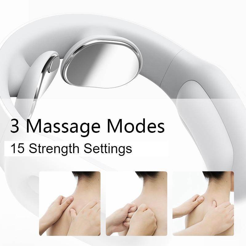 Smart neck massager featuring 3 massage modes and 15 strength settings for personalized relief