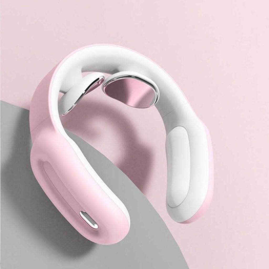 VacationGrabs smart neck massager in pink and white for relaxation and pain relief