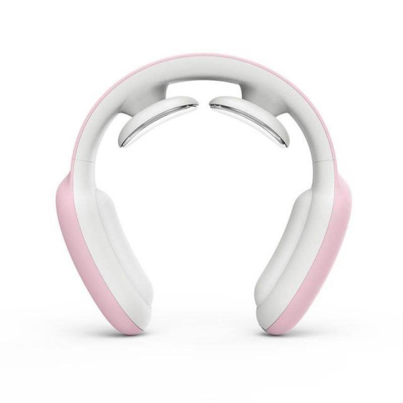 Smart neck massager in pink and white design for relaxation and muscle relief