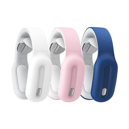 VacationGrabs smart neck massager available in white, pink, and blue for relaxing relief