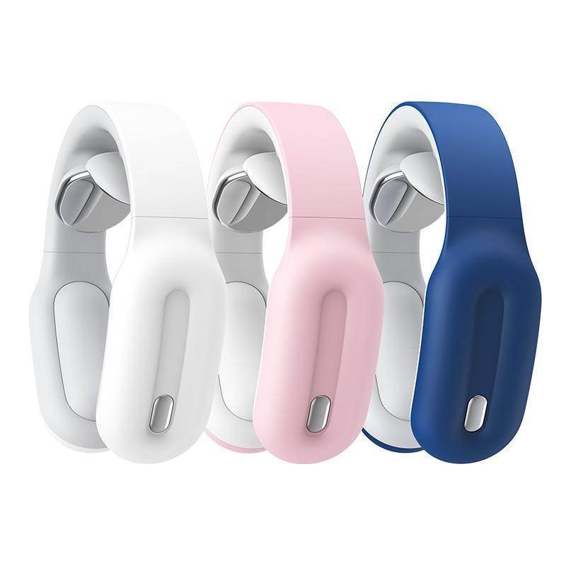 VacationGrabs smart neck massager available in white, pink, and blue for relaxing relief