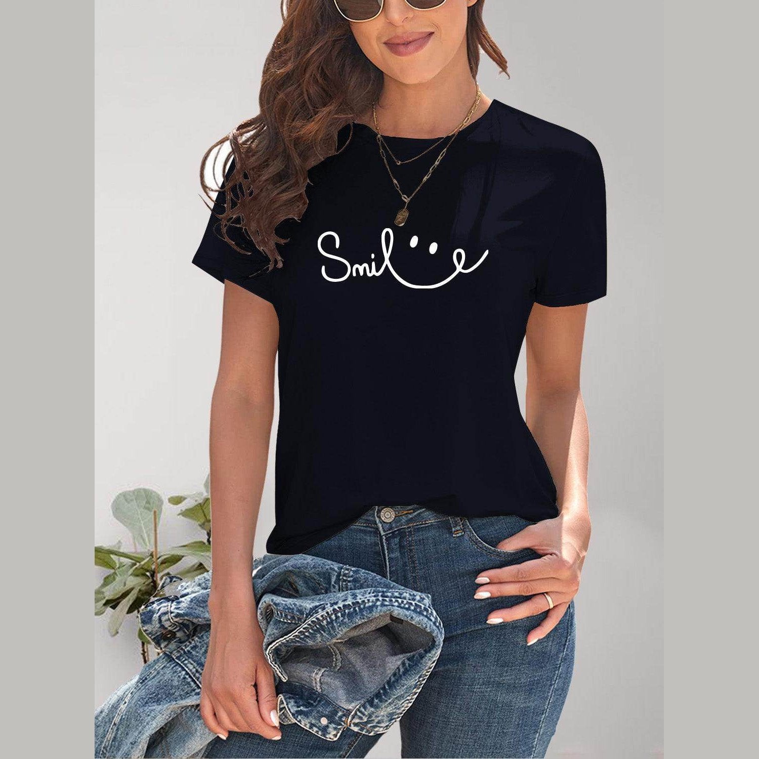 SMILE Round Neck Short Sleeve T-Shirt - VacationGrabs