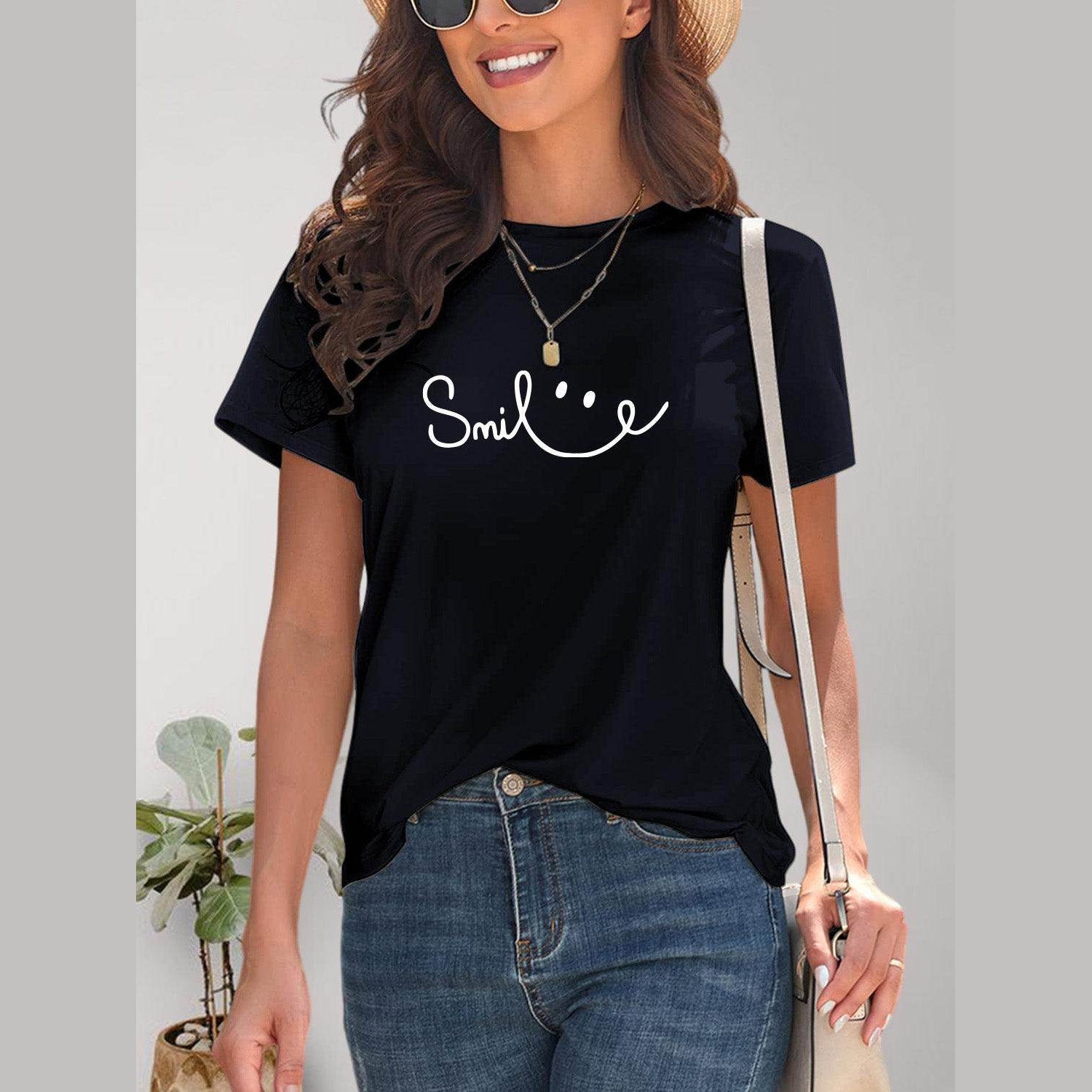 SMILE Round Neck Short Sleeve T-Shirt - VacationGrabs