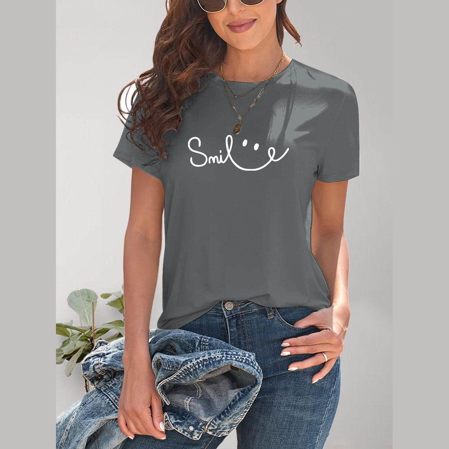 SMILE Round Neck Short Sleeve T-Shirt - VacationGrabs