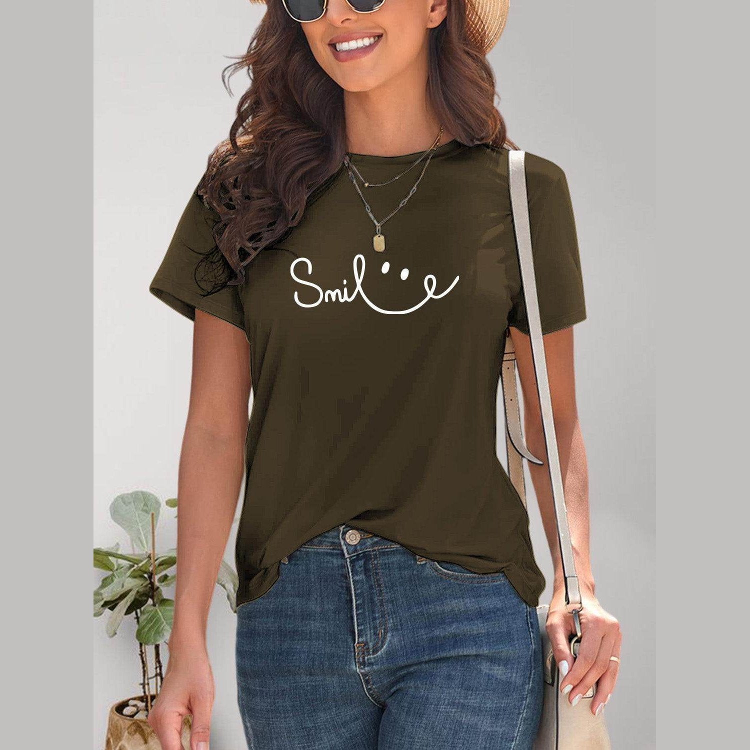 SMILE Round Neck Short Sleeve T-Shirt - VacationGrabs