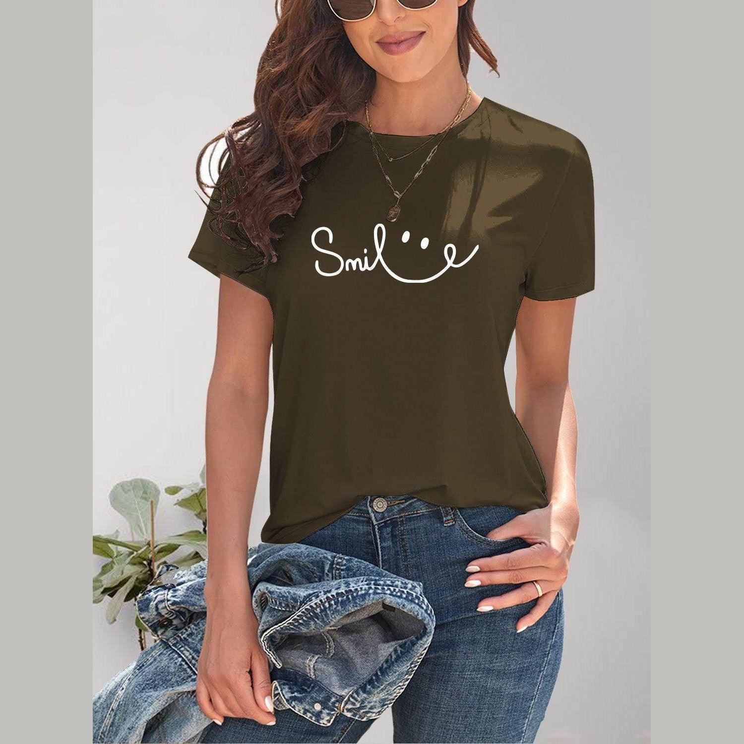 SMILE Round Neck Short Sleeve T-Shirt - VacationGrabs