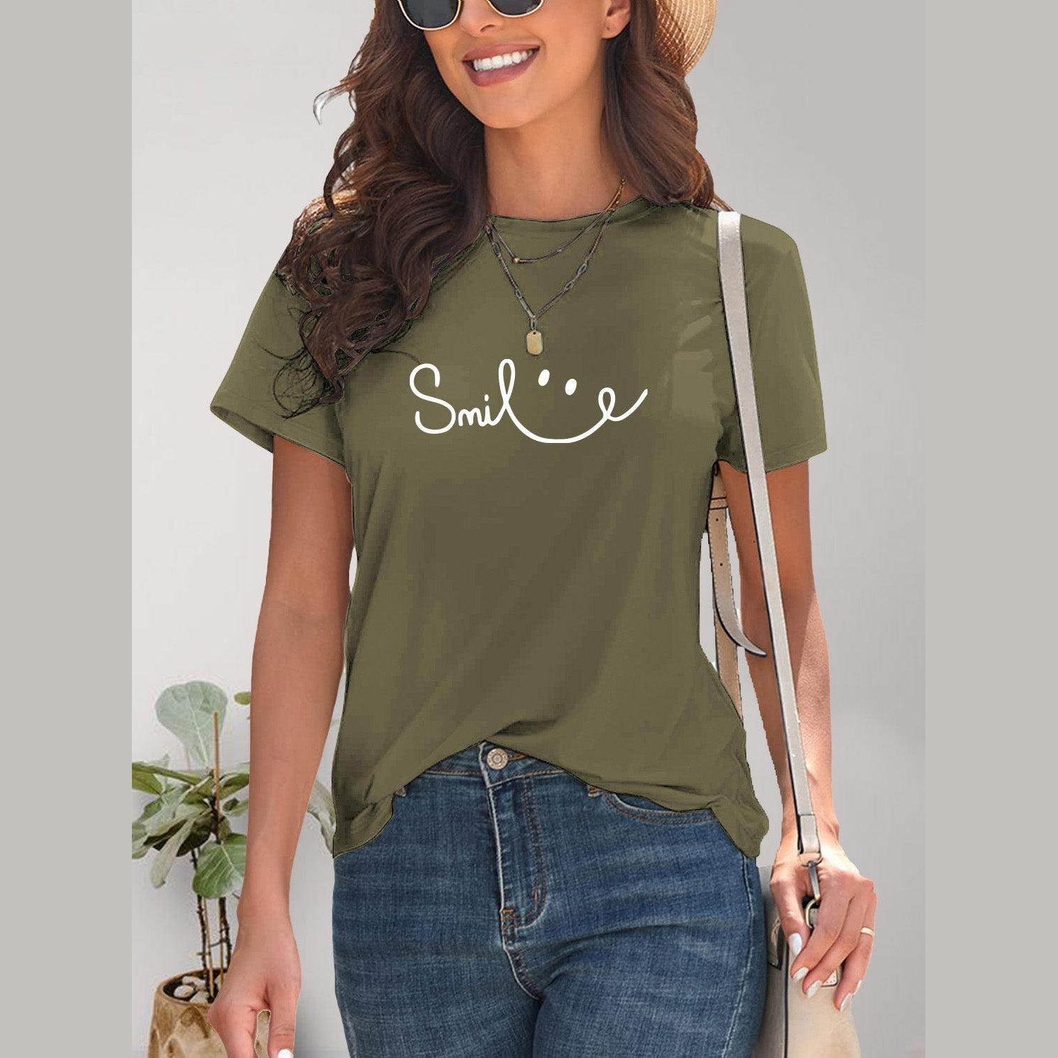 SMILE Round Neck Short Sleeve T-Shirt - VacationGrabs