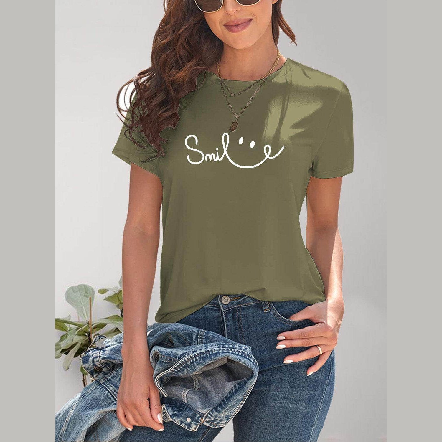 SMILE Round Neck Short Sleeve T-Shirt - VacationGrabs
