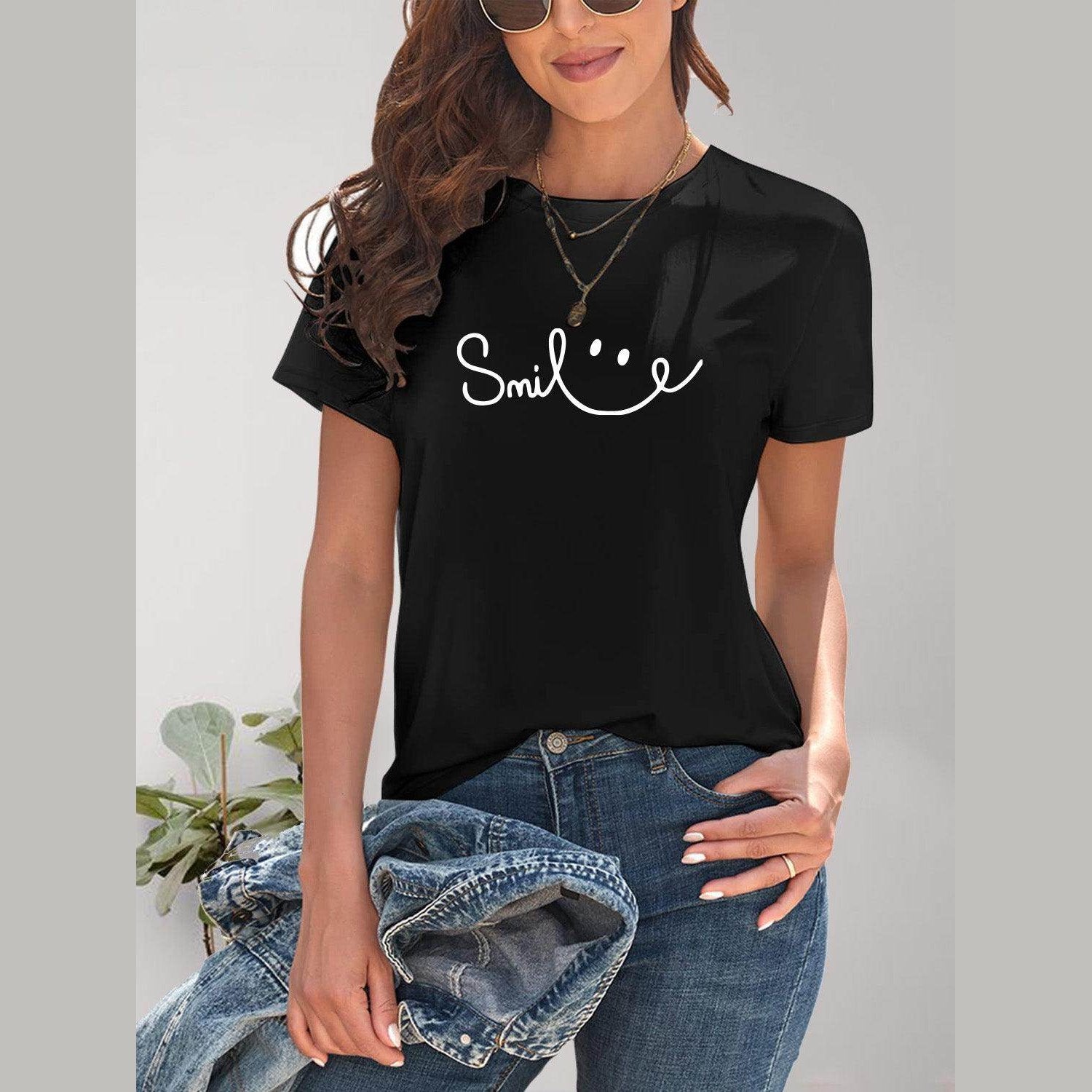 SMILE Round Neck Short Sleeve T-Shirt - VacationGrabs