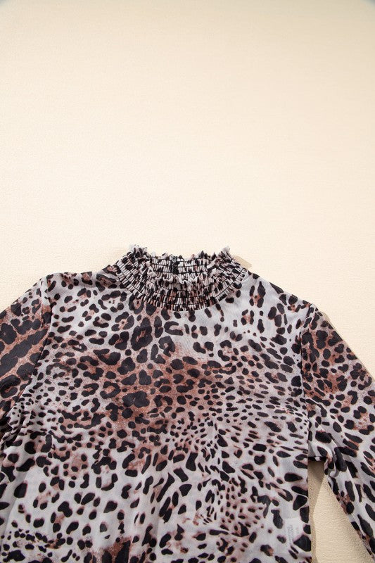JUNIPER BLVD smocked neck long sleeve bodysuit in leopard print for stylish and comfortable wear