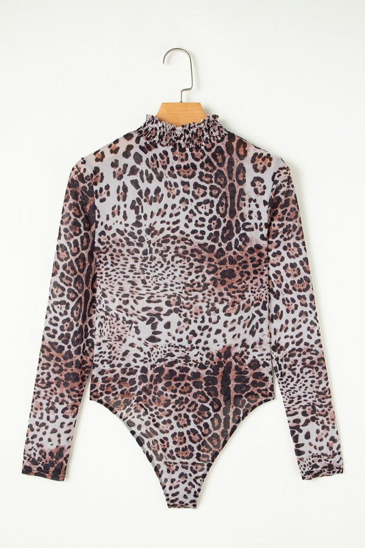 JUNIPER BLVD smocked neck long sleeve bodysuit in leopard print for stylish women's fashion