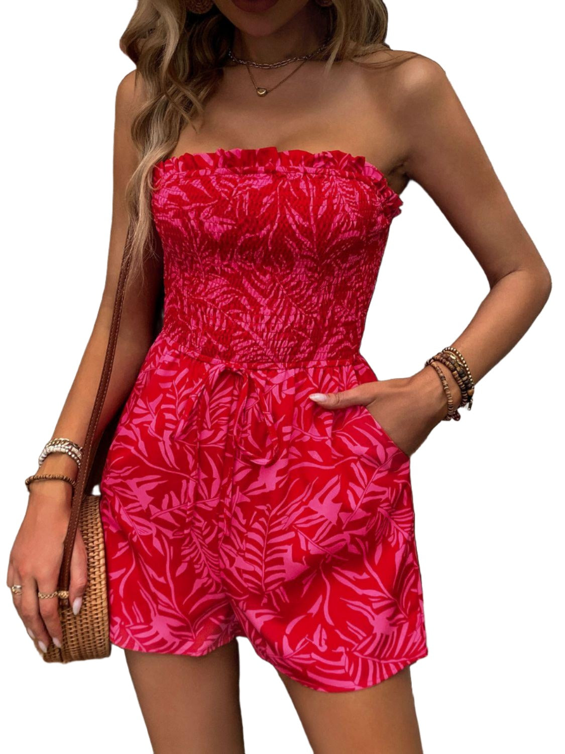 Women's Jumpsuits & Rompers Smocked Printed Tube Romper with Pockets
