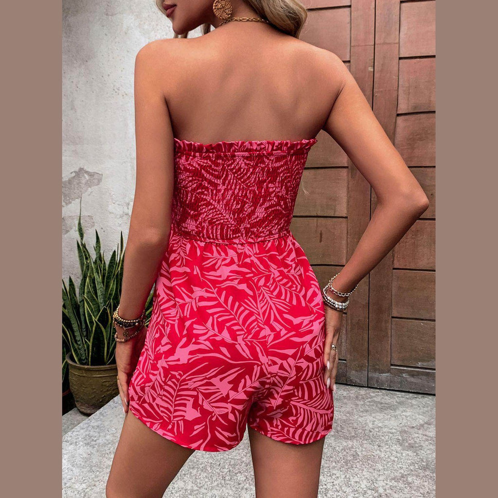 Smocked Printed Tube Romper with Pockets - VacationGrabs