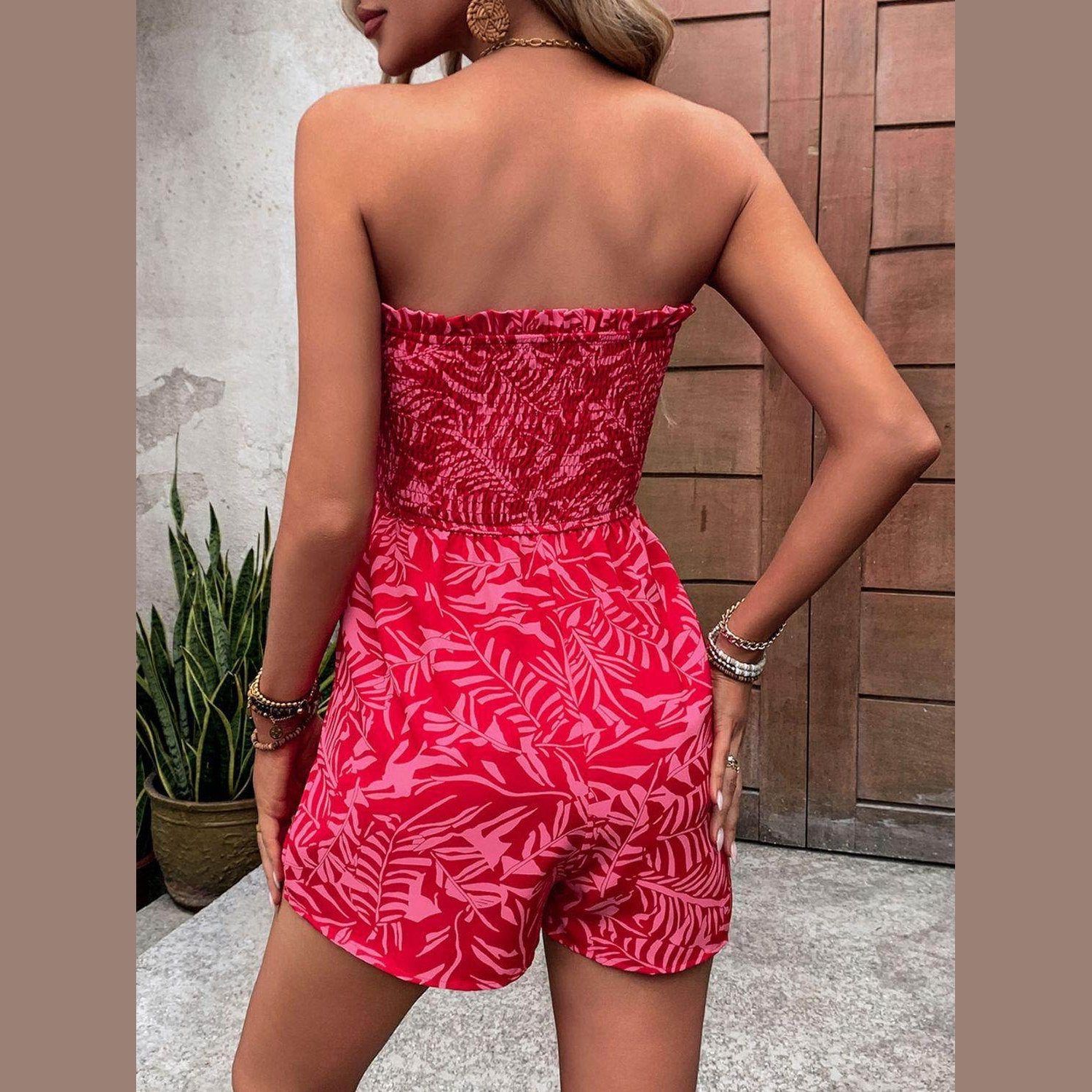 Smocked Printed Tube Romper with Pockets - VacationGrabs