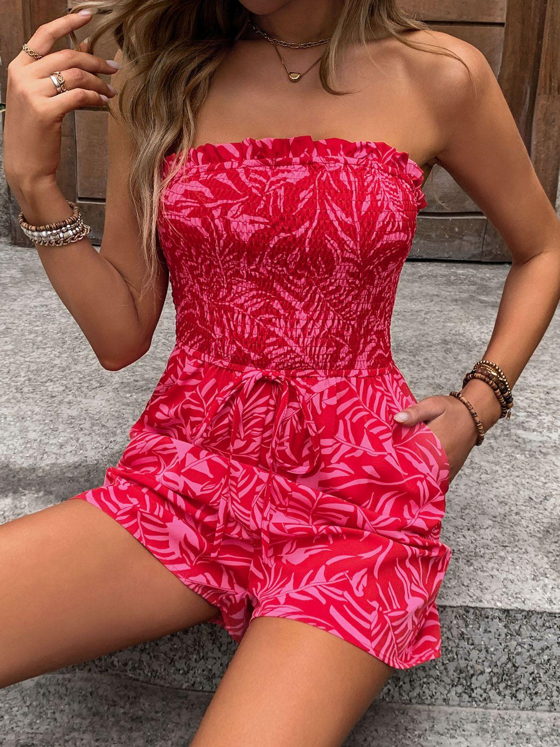 Women's Jumpsuits & Rompers Smocked Printed Tube Romper with Pockets