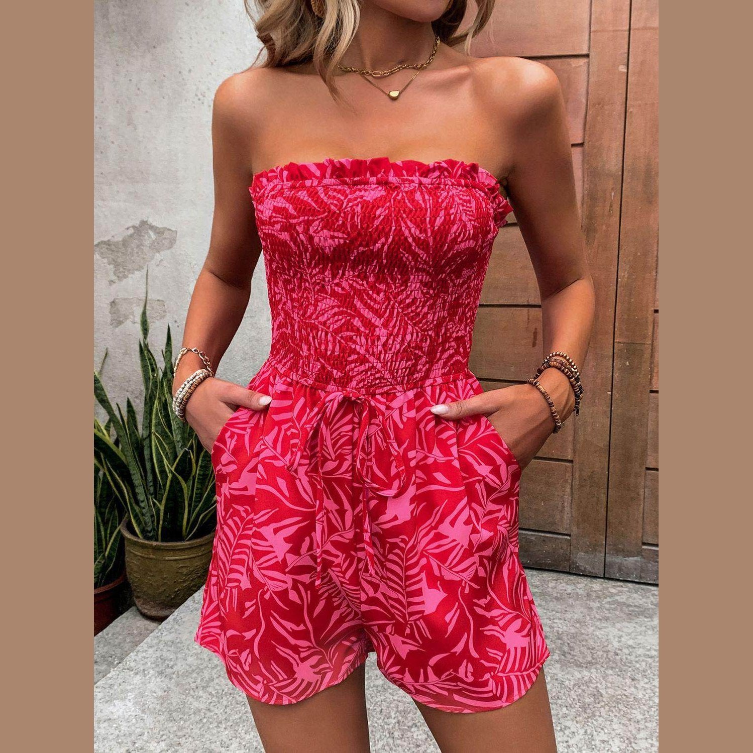 Smocked Printed Tube Romper with Pockets - VacationGrabs